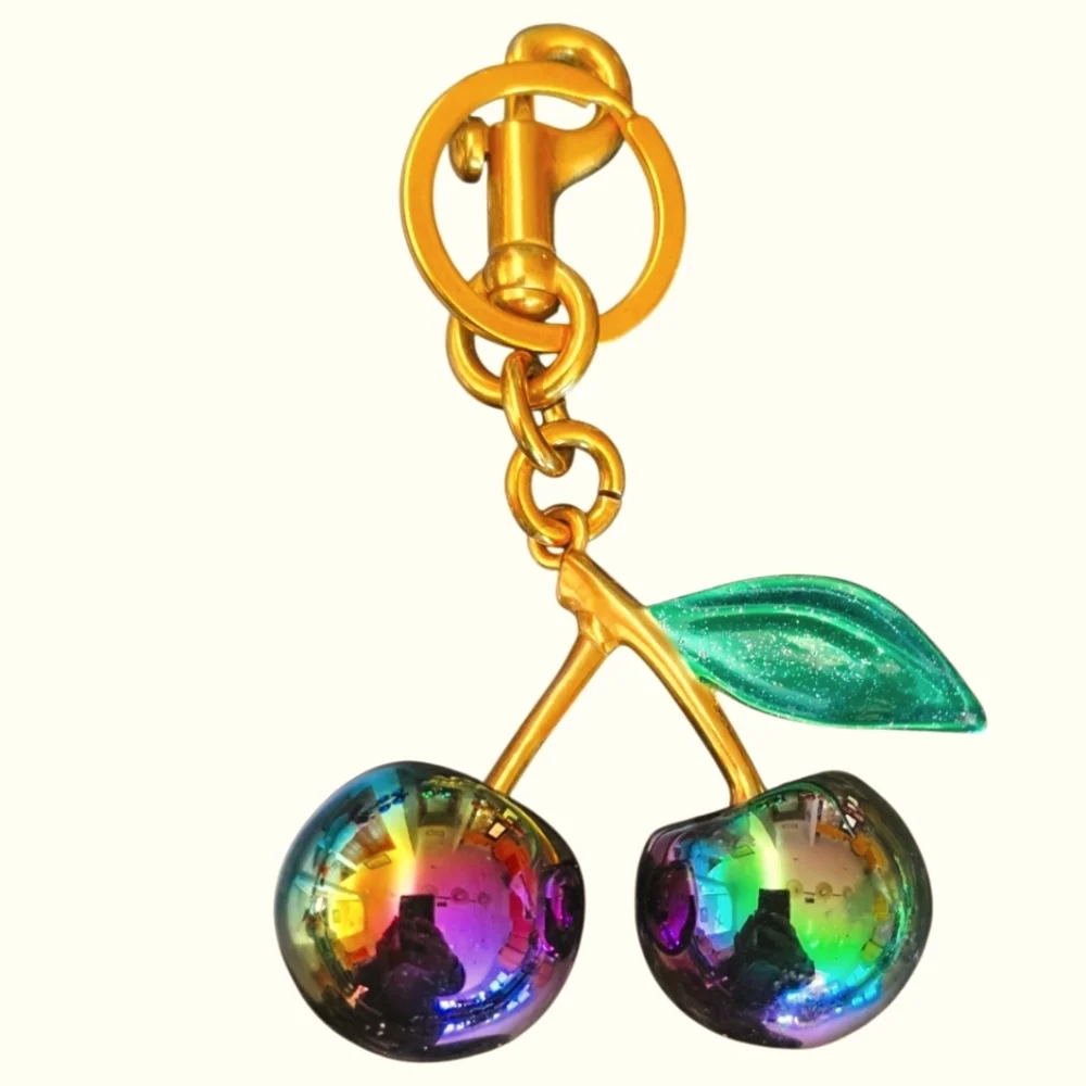 NEW Metallic Irridescent Large Cherry Purse Charm with Green Leaf
